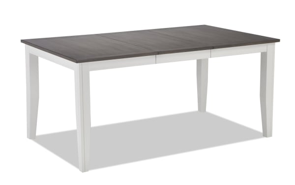 Blake extendable dining table with white tapered legs and gray wood top, cottage style, MDF and hardwood veneers, fits 6-piece set with storage bench.