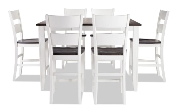 Blake 7 Piece White & Gray Extendable Counter Height Dining Set with six ladder-back chairs, cottage style, MDF, birch, mango, and rubberwood veneers, featuring an 18" leaf to expand table length from 36" to 54".