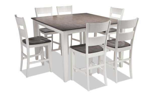 Blake 7 Piece White & Gray Extendable Counter Height Dining Set with six stools, cottage style, MDF, birch, mango, and rubberwood veneers.
