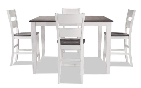 Blake 5 Piece White & Gray Extendable Counter Height Dining Set with cottage style, MDF, birch, mango veneers, hardwood, rubberwood, 4 chairs, and pub table.