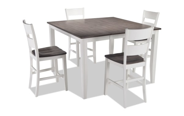 Blake 5 Piece White & Gray Extendable Counter Height Dining Set with four stools, cottage style, MDF and hardwood solids, 36''-54'' table with 18'' leaf.