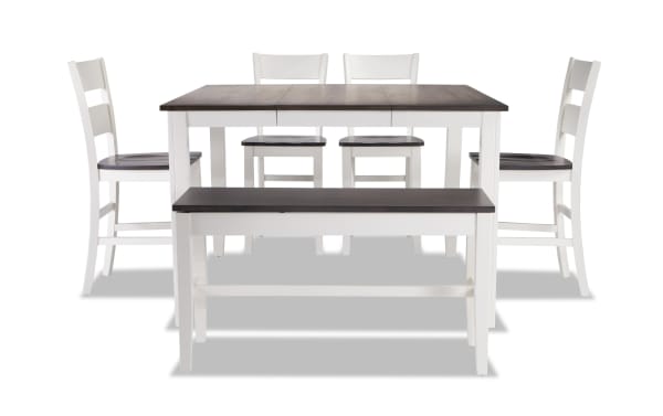 Blake 6 Piece White & Gray Extendable Counter Height Dining Set with storage bench, four stools, cottage style, MDF and hardwood veneers, 36-54" table.