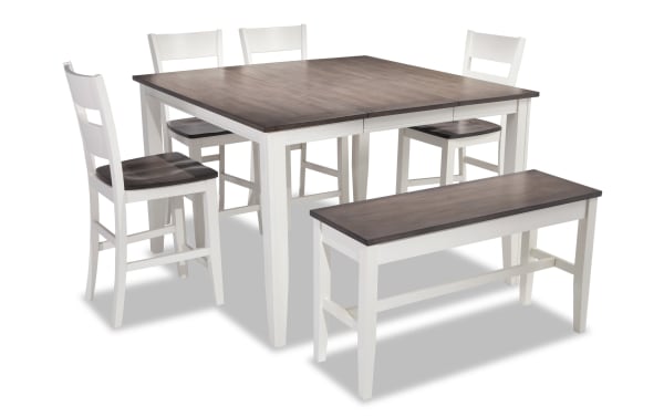 Blake 6 Piece White & Gray Extendable Counter Height Dining Set with Storage Bench