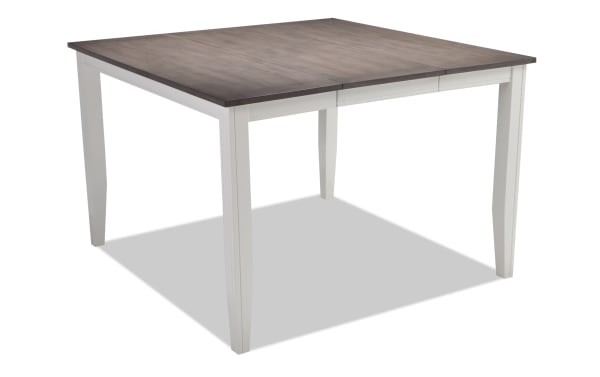 Blake extendable counter height dining table with white tapered legs and gray wood top, cottage style, MDF and hardwood solids.
