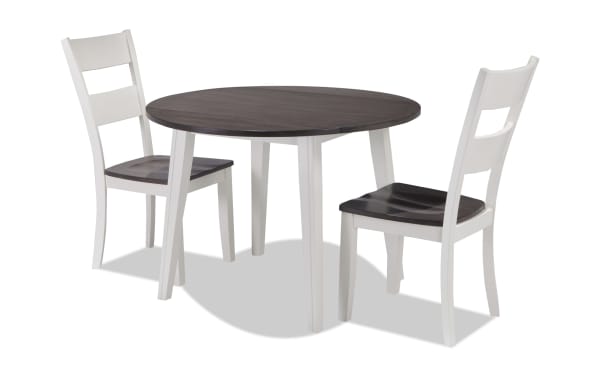 Blake 3 Piece White & Gray Round Extendable Dining Set with drop-leaf table and two chairs, cottage style, MDF, birch, mango, and rubberwood materials.