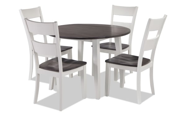 Blake 5 Piece White & Gray Round Extendable Dining Set with four chairs, cottage style, MDF and hardwood solids, drop leaf table ideal for small spaces.