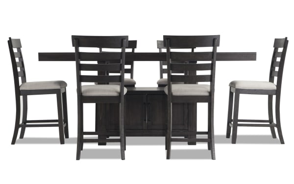 Sonoma 7 Piece Espresso & Beige Upholstered Extendable Counter Height Dining Set with solid acacia wood, fabric polyester seats, and rustic transitional style.