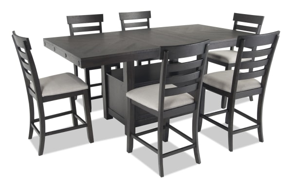 Sonoma 7 Piece Espresso & Beige Upholstered Extendable Counter Height Dining Set with solid acacia wood, polyester fabric seats, and under-table storage.