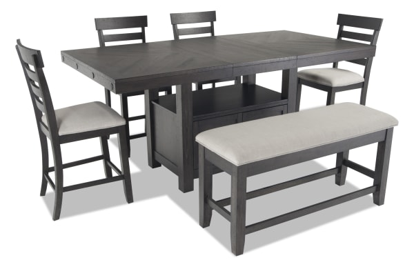Sonoma 6 Piece Espresso & Beige Upholstered Extendable Counter Height Dining Set with storage bench, solid acacia wood, polyester fabric, transitional style.