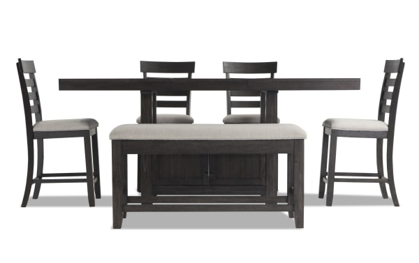 Sonoma 6 Piece Espresso & Beige Upholstered Extendable Counter Height Dining Set with Storage Bench, solid acacia wood, polyester fabric, transitional style, rustic finish, ladder back stools with memory foam cushions, and under-bench storage.