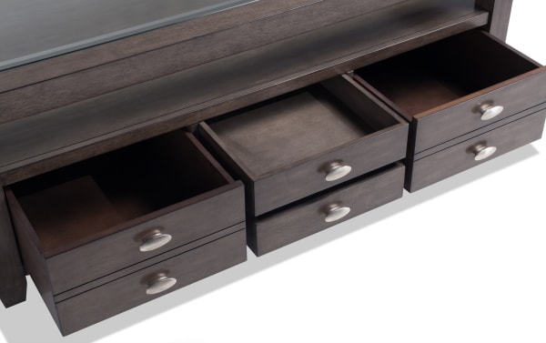 Prestige Gray Storage Coffee Table drawers open, showing solid acacia wood with oval metal handles in transitional style.