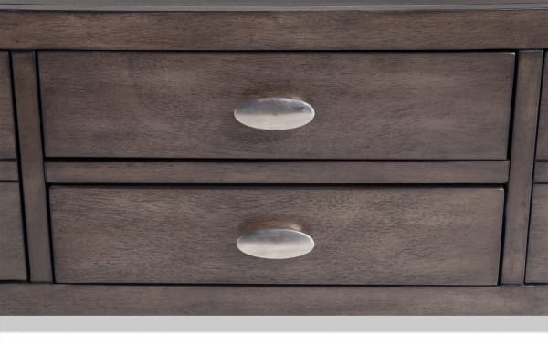 Transitional Prestige Gray Storage Coffee Table with solid acacia wood, MDF, tempered glass top, beveled edges, oval metal drawer handles, and dual storage drawers.
