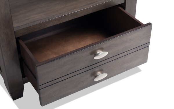 Prestige Gray Storage End Table drawer open, showing spacious storage with oval metal handles, solid acacia wood in transitional style.