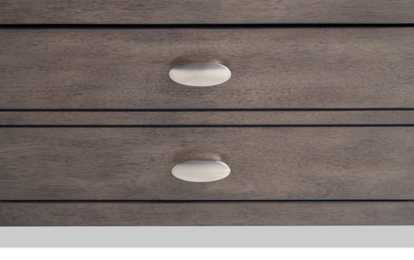 Transitional Prestige Gray Storage End Table with solid acacia wood, MDF, platinum oval metal handles, and beveled tempered glass top drawer.