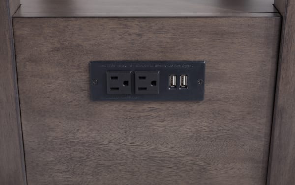 Rectangular Prestige Gray Storage Chairside Table with solid acacia wood, MDF, tempered glass top, beveled edge, dual power outlets, and USB ports.