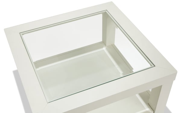 Square Prestige White Storage End Table with tempered beveled glass top, solid acacia frame, and open lower shelf in transitional style