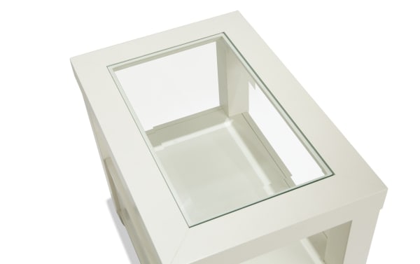 Rectangular Prestige White Storage Chairside Table with tempered glass top, beveled edge, solid acacia frame, and transitional style.
