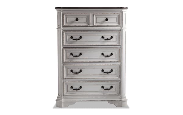 Scarlett White & Oak 5 Drawer Lift-Top Chest in farmhouse style with distressed white oak finish, antique brass hardware, and birch veneer construction.