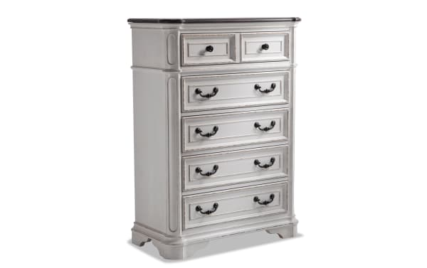 Scarlett White & Oak 5 Drawer Lift-Top Chest in farmhouse style with distressed white oak finish, antique brass hardware, and felt-lined top drawer.