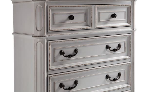 Scarlett White & Oak 5 Drawer Lift-Top Chest in farmhouse style, featuring distressed white birch veneer, poplar solids, oak, MDF, antique brass hardware, and detailed drawer fronts with black handles.