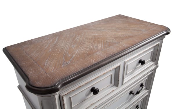 Scarlett White & Oak 5 Drawer Lift-Top Chest with distressed white farmhouse style, oak top, black antique brass hardware, and detailed drawer fronts.