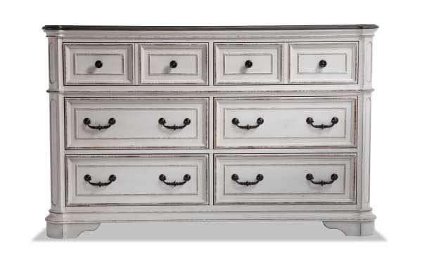 Scarlett White & Oak 6 Drawer Dresser in farmhouse style with birch veneers, poplar solids, oak, and MDF. Features antique brass hardware, white and oak finish, felt-lined top drawers, and cedar bottom drawers for stylish, quality clothing storage.