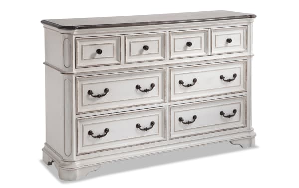Scarlett White & Oak 6 Drawer Dresser in farmhouse style with birch veneers, poplar solids, oak, and MDF. Features white distressed finish, oak top, antique brass hardware, felt-lined top drawers, and cedar bottom drawers for stylish, functional clothing storage.