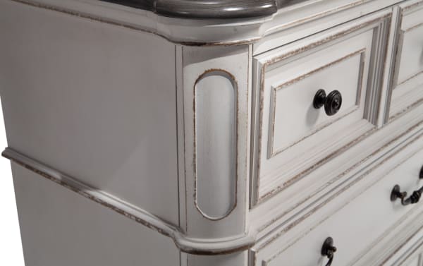 Scarlett White & Oak 6 Drawer Dresser in farmhouse style with distressed white birch veneer, oak accents, antique brass hardware, and felt-lined top drawers.