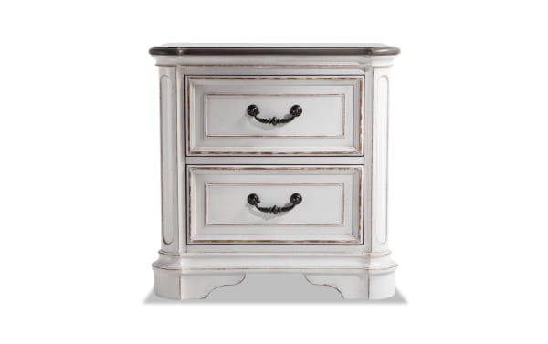 Scarlett White & Oak 2 Drawer Nightstand in farmhouse style with distressed white birch veneer, oak top, poplar solids, dual USB ports, and antique brass hardware.