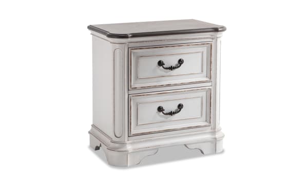 Scarlett White & Oak 2 Drawer Nightstand in farmhouse style with distressed white birch veneer, oak top, antique brass handles, and dual USB charging ports.