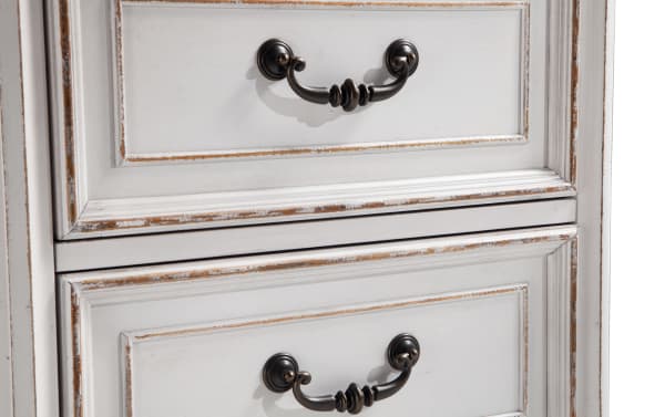 Scarlett White & Oak 2 Drawer Nightstand in farmhouse style with distressed white oak finish, antique brass handles, birch veneer, and poplar solid wood.