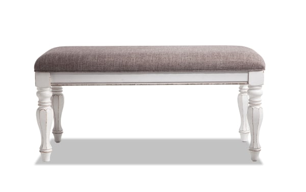 Scarlett White Storage Bench with taupe polyester fabric cushion, distressed white birch veneer and poplar wood legs, farmhouse style with hidden felt-lined storage.
