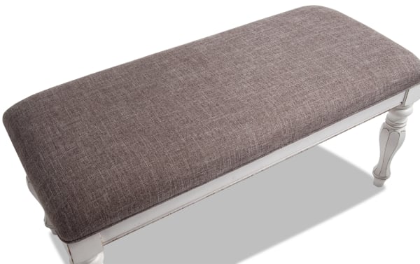 Scarlett White Storage Bench in taupe fabric with distressed white birch veneer frame, farmhouse style, memory foam seat, and hidden felt-lined storage.