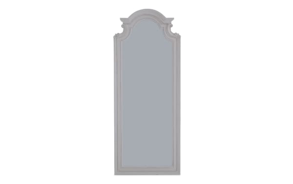 Scarlett White Floor Mirror in farmhouse style with distressed MDF and acacia veneer frame, featuring an arched top and decorative molding.