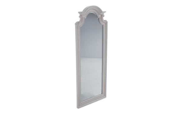 Scarlett White Floor Mirror with farmhouse style, MDF and acacia veneer frame, natural distressed wood finish, tall arched top design.