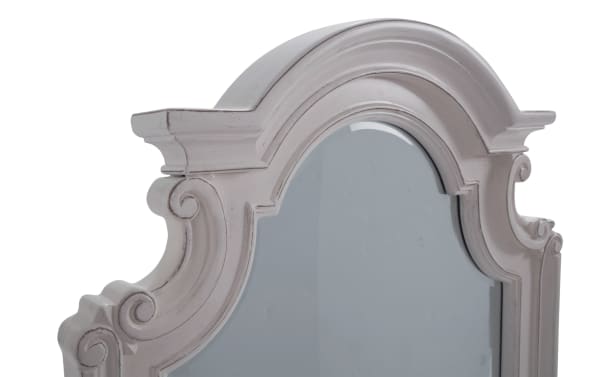 Scarlett White Floor Mirror with farmhouse style, featuring distressed MDF and acacia veneer frame with ornate curved detailing.