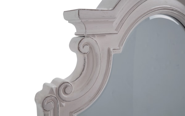 Scarlett White Floor Mirror corner with farmhouse-style distressed MDF and acacia veneer frame featuring ornate scroll detailing and soft white finish.
