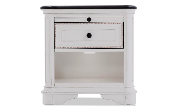 Scarlett White & Oak nightstand with drawer, farmhouse style MDF and acacia veneers, white distressed finish, antique brass hardware, LED light, USB ports, and felt-lined drawer.