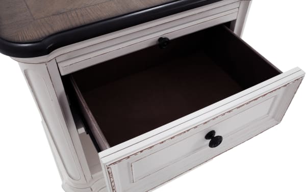 Scarlett White & Oak Nightstand with Drawer, farmhouse style MDF/acacia veneer, white distressed finish, black knob, open felt-lined top drawer visible.