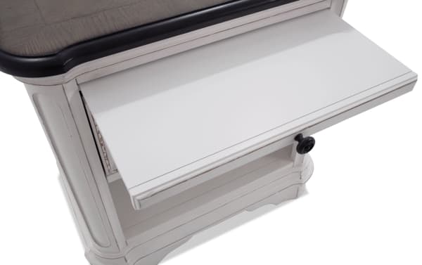 Scarlett White & Oak Nightstand with Drawer in farmhouse style, featuring distressed white MDF and acacia veneers, black knob, and pull-out tray.