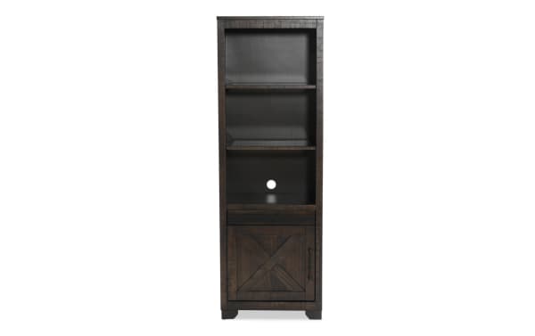 Montana Brown Left Pier from Montana Entertainment & Occasional collection, rustic dark brown MDF and pine storage with open shelves, LED lighting, and a lower cabinet door.