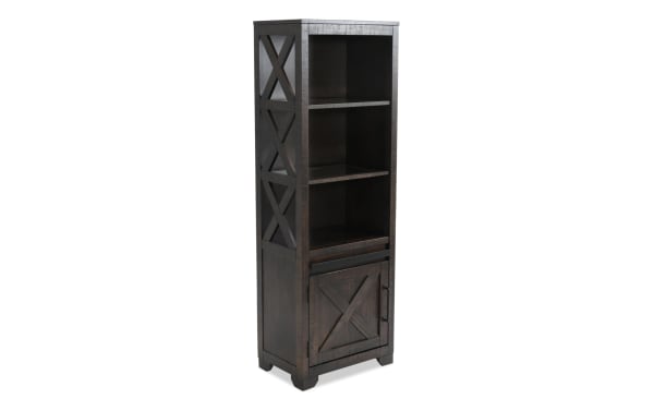 Montana Brown Left Pier shelving unit in rustic brown finish, featuring MDF, pine solids, pine veneer, LED lighting, and storage cabinet.
