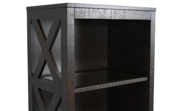 Rustic Montana Brown Left Pier shelf from Montana Entertainment & Occasional collection, made of MDF, pine solids, and pine veneer with LED lighting.