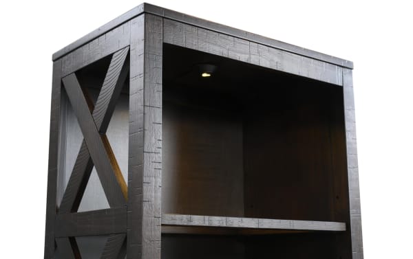 Montana Brown Left Pier with rustic dark brown finish, MDF, pine solids, pine veneer, LED lighting, and open shelving for media storage.