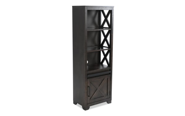 Montana Brown Right Pier from Montana Entertainment & Occasional collection, rustic brown MDF and pine wood shelving with LED lighting and storage cabinet.