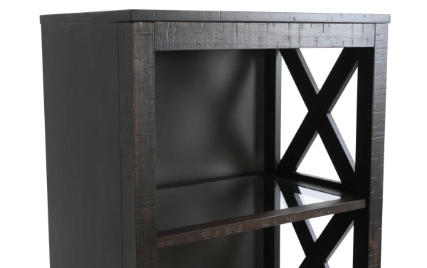 Montana Brown Right Pier from Montana Entertainment & Occasional collection, rustic dark wood MDF and pine with open shelves and X-shaped side panels.