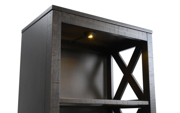 Rustic Montana Brown Right Pier from Montana Entertainment & Occasional collection, featuring dark wood MDF, pine solids, pine veneer, LED lighting, and open shelving for media storage.