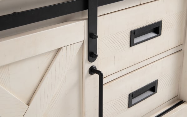 Montana 55'' white rustic TV stand with pine solids, MDF, and pine veneer construction, featuring black metal handles and ample storage drawers.