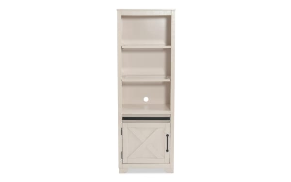 Montana White Left Pier from Montana Entertainment & Occasional collection, rustic white MDF and pine shelves with LED lighting and storage door.