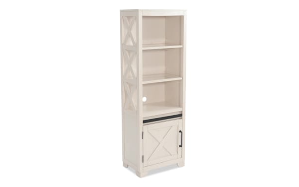 Montana White Left Pier from Montana Entertainment & Occasional collection, rustic MDF and pine shelves with LED lighting and storage cabinet.